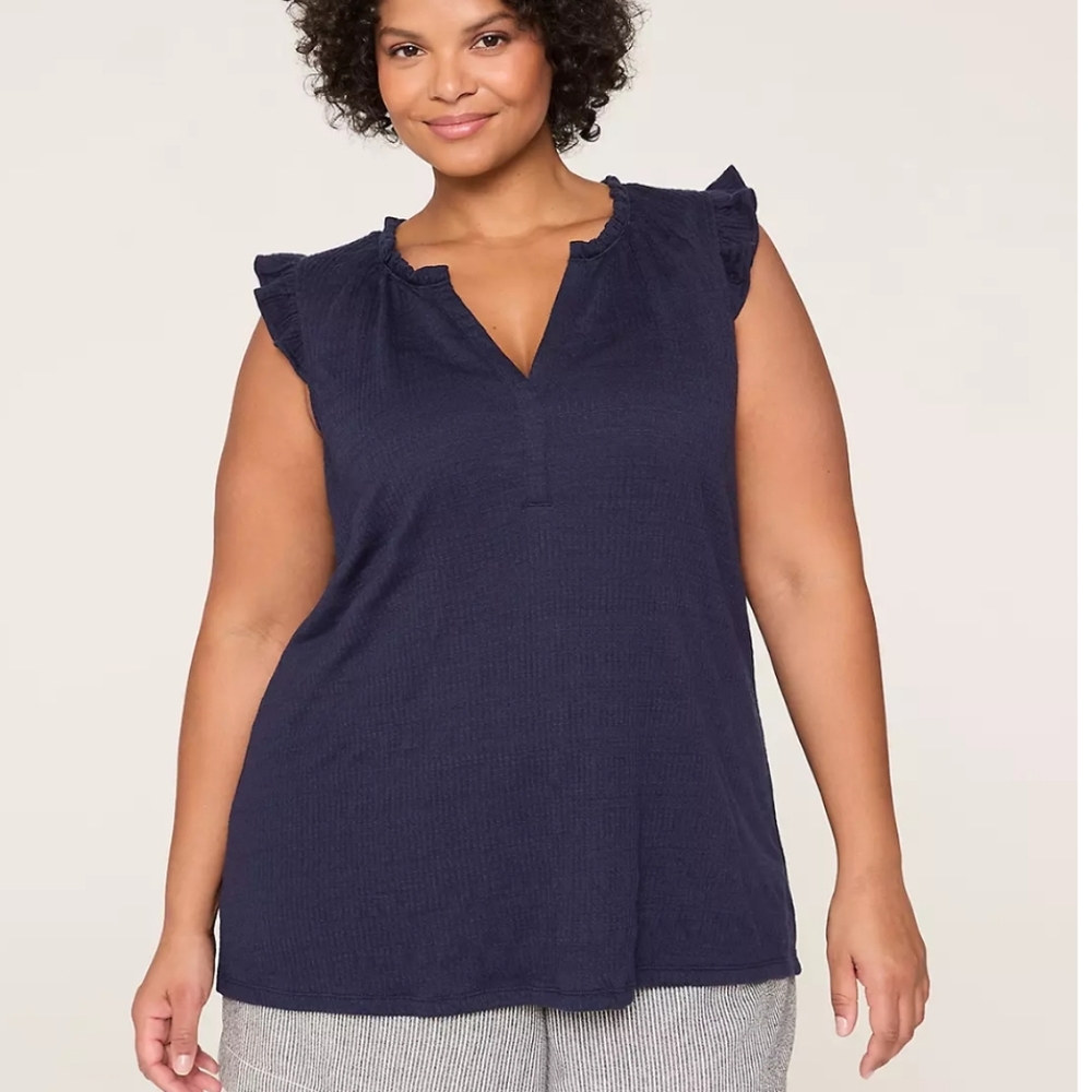 Lane Bryant Deep Blue Ruffle Cap Sleeve Notch Neck Blouse Size 14/16